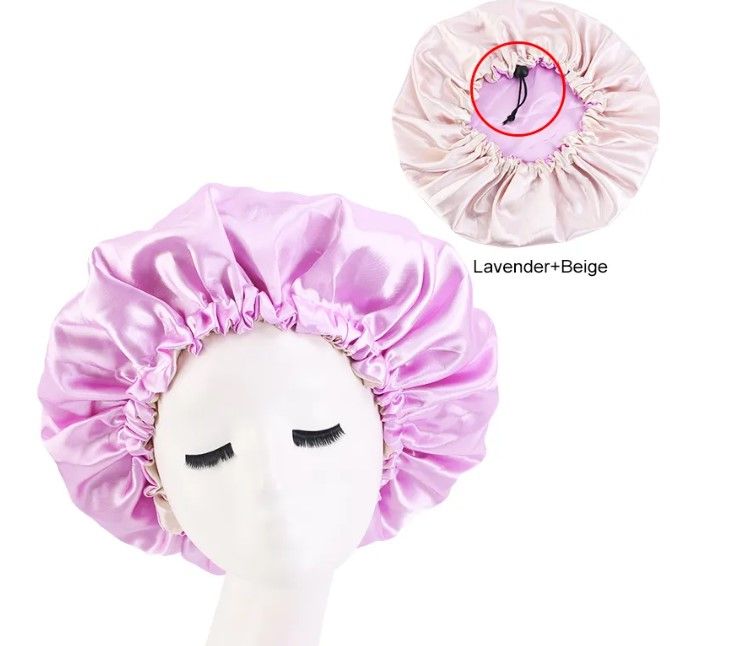 Adjustable Satin Bonnet Sleep Cap - Double Sided - Lavender - Beige