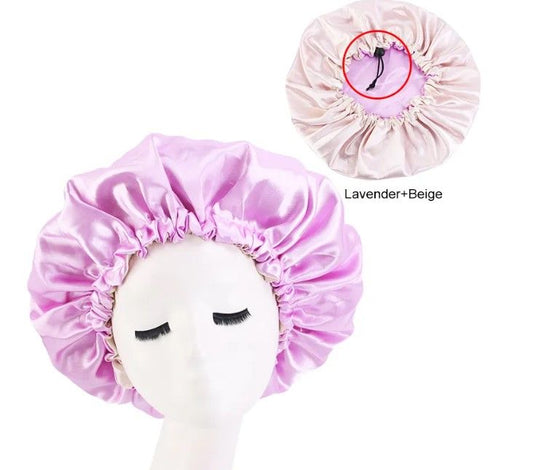 Adjustable Satin Bonnet Sleep Cap - Double Sided - Lavender - Beige