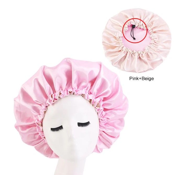 Adjustable Satin Bonnet Sleep Cap - Double Sided - Light Pink - Beige
