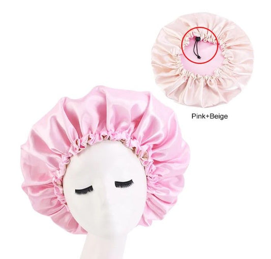 Adjustable Satin Bonnet Sleep Cap - Double Sided - Light Pink - Beige
