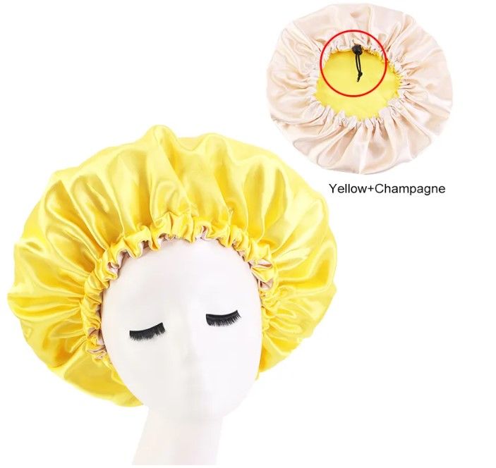 Adjustable Satin Bonnet Sleep Cap - Double Sided - Yellow - Champagne